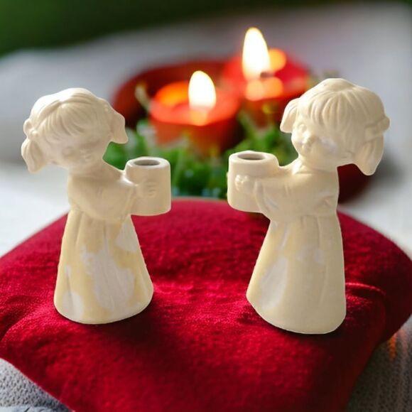 Vintage Colonial Candle Angel Taper Holders Cherubs Porcelain Ceramic Japan - Picture 1 of 12